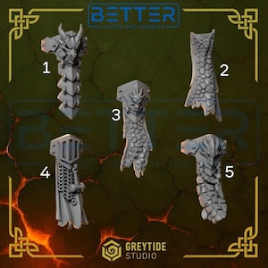 May include: Five grey miniature shoulder pauldrons labelled 1 through 5, featuring distinct sculpted designs including dragon heads, chainmail, and scale textures. The text BETTER GAMES AND HOBBIES and GREYTIDE STUDIO is visible on the frame.