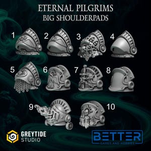 May include: Ten different designs of 3D printed plastic shoulder pads for miniature figures. The shoulder pads are grey and feature various details, including skulls, wings, and chains.