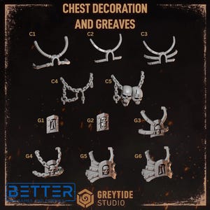 May include: A collection of grey miniature chest decorations and greaves labelled C1 through C5 and G1 through G6. The pieces feature designs including chains, skulls, and arched frames. The text CHEST DECORATION AND GREAVES is at the top.