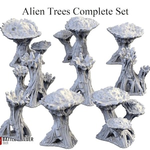 May include: A complete set of alien trees, featuring a variety of stylized, light grey, textured trees. The trees have unique, mushroom-shaped tops and intricate trunk details. The text "Alien Trees Complete Set" is at the top.