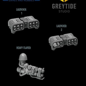 May include: Three 3D printed miniature weapons for a tabletop game. The weapons are a heavy flamer, a launcher labelled "1", and a launcher labelled "2".