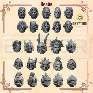 May include: A collection of twenty miniature grey resin heads for gaming figures, featuring ten unhelmeted human faces with various expressions and hairstyles, and ten distinct armoured helmets with spikes, crests, and visors, labelled Heads.