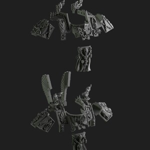 May include: A selection of grey, highly detailed miniature figurines, likely for tabletop gaming or model building. The pieces feature elaborate armour, wings, and decorative features, hinting at a fantasy or sci-fi theme. The components are set against a dark backdrop.