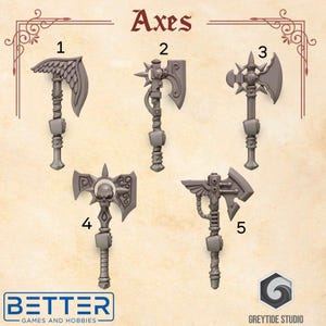 May include: Five different styles of axes, numbered 1 through 5. Each axe has a unique design and is made of a grey material.