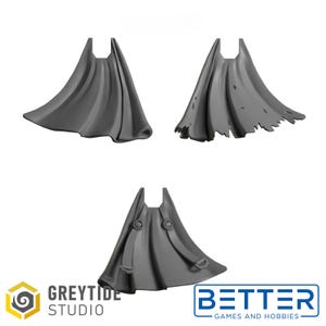 May include: Three different styles of grey plastic capes for miniature figures. The capes are designed for tabletop gaming and role-playing.