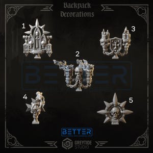 May include: Five grey backpack decorations are displayed. The decorations feature skulls, crosses, and gothic architectural designs. The text "Backpack Decorations" is at the top of the image.