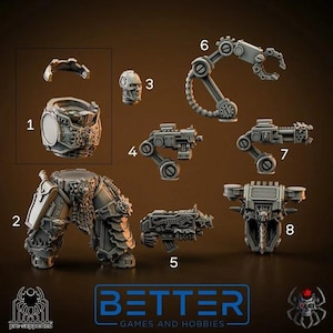 May include: A selection of grey plastic miniature game components, including a head, mechanical arm, gun, and leg armour. The components are arranged on a dark surface. The text "BETTER GAMES AND HOBBIES" is visible.