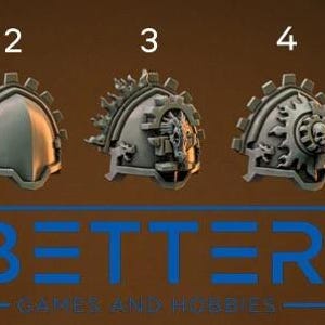 May include: Five silver shoulder pads with detailed gear and flame designs. Each pad features a unique embossed pattern. The word "BETTER" is displayed in blue block letters below the pads, with the words "GAMES AND HOBBIES" in smaller blue text.