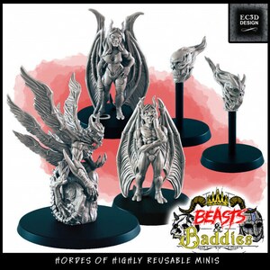 May include: Four miniature figurines of winged demons, each with a different pose and expression. The figurines are made of a grey, textured material and are set on black bases. The image includes the text "BEASTS & Baddies" and "HORDES OF HIGHLY REUSABLE MINIS".