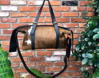 Black, Brown & White Cow Hair Hide Leather Duffle Tote Bag with Crossbody Hand and Shoulder Straps