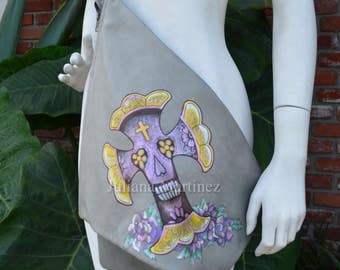 Hand Painted Cross Gray Leather Fold Over Triangle Sling Messenger Bag