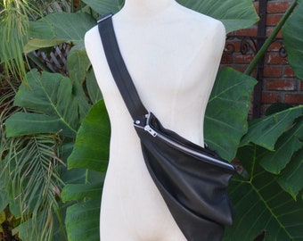 Black Cowhide Leather Fold Over Triangle Sling Slouch Crossbody Messenger Bag