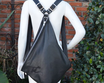 Black Leather Sling FoldOver Adjustable Triangle Strap Bag Made to Order