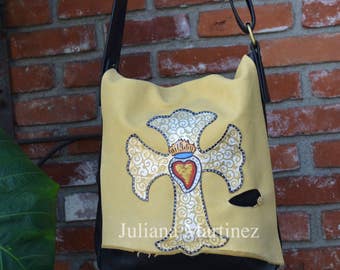 Cross with Sacred Heart - Cruz con Sagrado Corazon Hand Painted Leather Messenger Bag