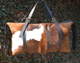 Black, Brown and White Cow Hair Hide and Hand Stained Leather Duffle