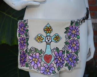 The Cross with Flowers - La Cruz con Las Flores Hand Painted Hip and Crossbody Leather Bag