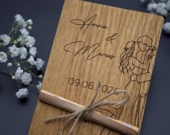 Personalized wooden wedding money gift | Wedding present for the bride and groom with names and date | Original packaging, flat, modern money card
