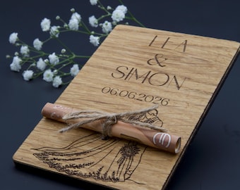 Geldgeschenk Hochzeit Holz personalisiert | Hochzeitsgeschenk Brautpaar mit Namen Datum | Originelle Verpackung Geld Karte flach modern