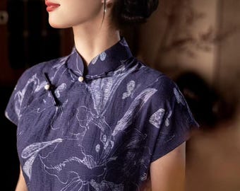 Indigo Blue Cheongsam Dress: Printed Lyocell Blend Qipao