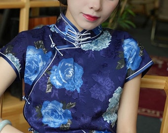 Blue Flower Cheongsam Traditional Qipao Dress Long Chinese Summer Dress