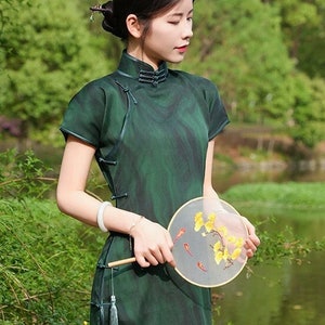 Mulberry Silk Short-sleeved long Cheongsam Qipao Dark Green Traditional Dress