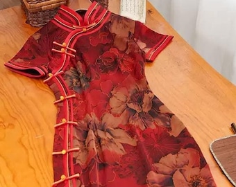 Wine Red Traditional Qipao Cheongsam, Summer Chinese Dress, Modern long length Daily Wear Party Dress Simple Dinner Dress