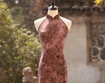 Brown Sleeveless Cheongsam, Summer Chinese Qipao, long length Daily Wear Halterneck dress