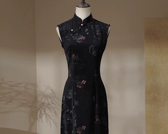 Black Sleeveless Cheongsam, Summer Chinese Qipao, long length Daily Wear