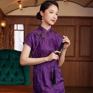 Mulberry Silk Short-sleeved long Cheongsam purple Silk Qipao Traditional Dress