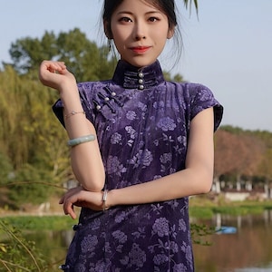 Violet Long Cheongsam Traditional Qipao Dress Velvet High-neck Dress