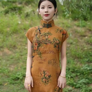 Mulberry Silk Short-sleeved long Cheongsam Qipao Earth Yellow Traditional Dress Evening Gown Floral dress