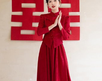 Red Two-Piece Qipao Set | Modern Chinese Wedding & Tea Ceremony Ensemble