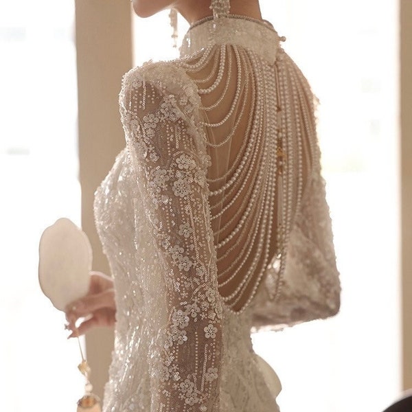 Custom White Lace Qipao Wedding Dress | Modern Backless Design with Train for Tea Ceremony