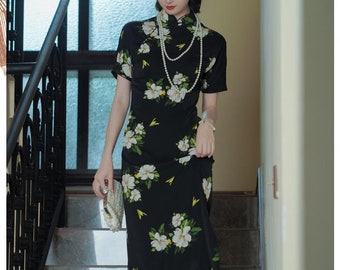 Black Floral Cheongsam Dress: Traditional Qipao, Frog Button Costume
