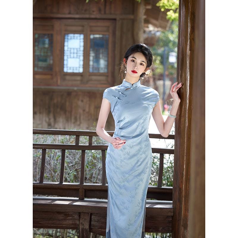 Light Blue Modern Qi Pao: Slim Fit Chinese Style Dress for Daily Wear ...