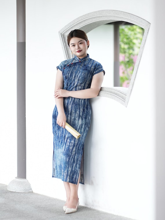 chinese blue dress size Blue and White Porcelain Pattern Silk Cheongsam Chinese Dress Day Dress Full Length / Blue / 3XL
