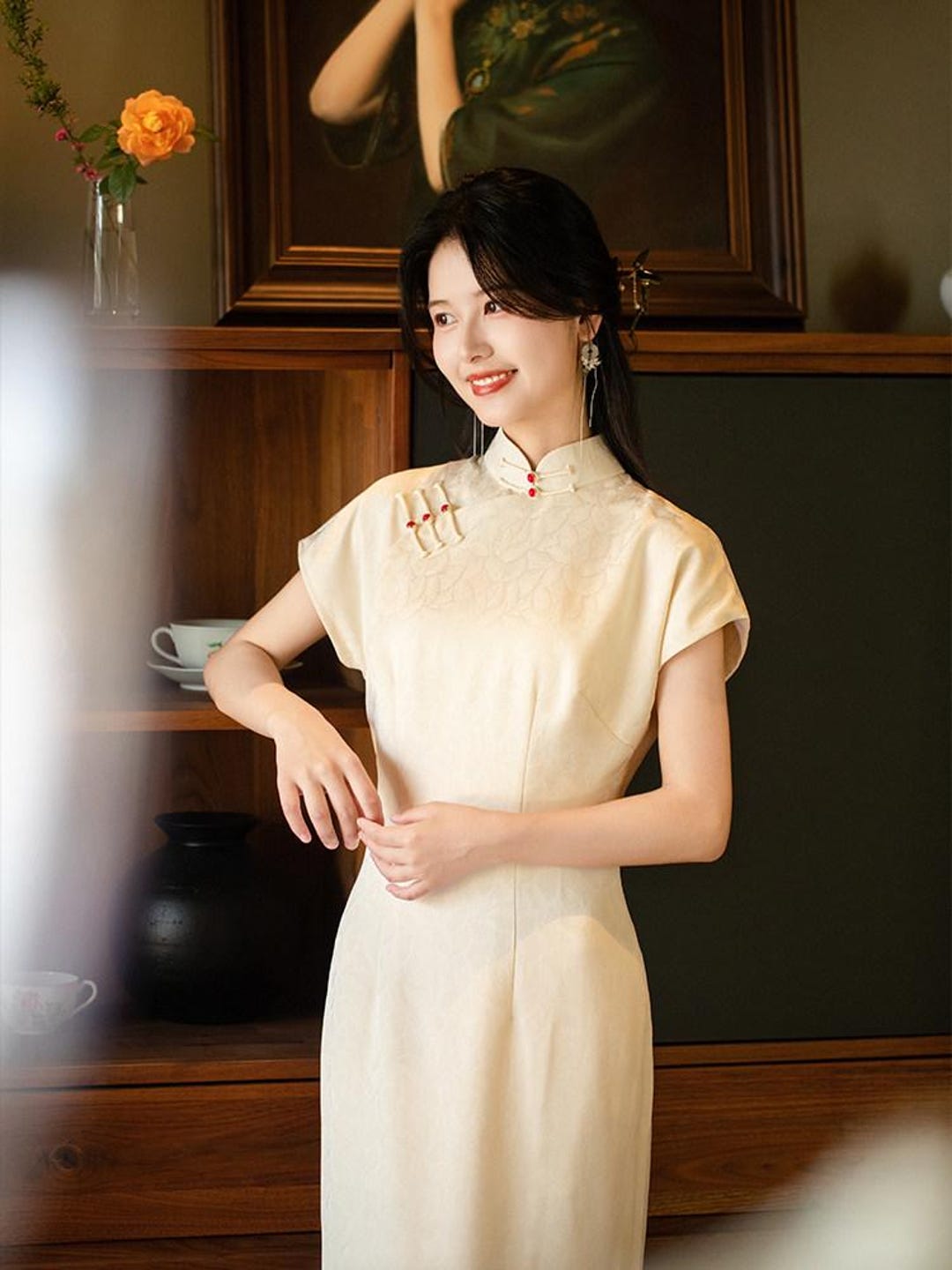 Off-White Traditional Qi Pao: Mandarin Collar Dress with Red Frog Buttons Off-White Traditional Qi Pao: Mandarin Collar Dress with Red Frog Buttons