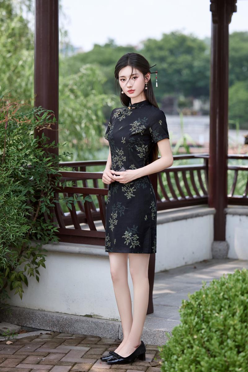 black qipao dress Spring Sequinned Cut Out (Black) – Qipology inspired mini dress with silver floral detailing and a keyhole neckline Women's Short Sleeve Chinese Qipao
