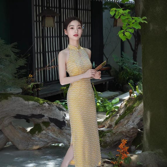 define halter dress Sleeveless Qi Pao: Water Drop Collar Jacquard With Waist Definition halter neck dress