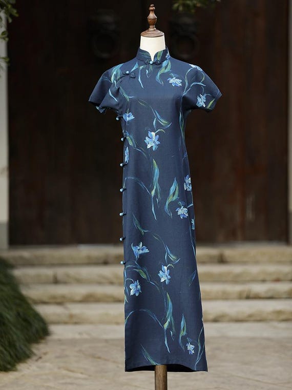 qipao dress blue Vintage Blue Qipao Dress: Long Cheongsam, Retro Shanghai Style