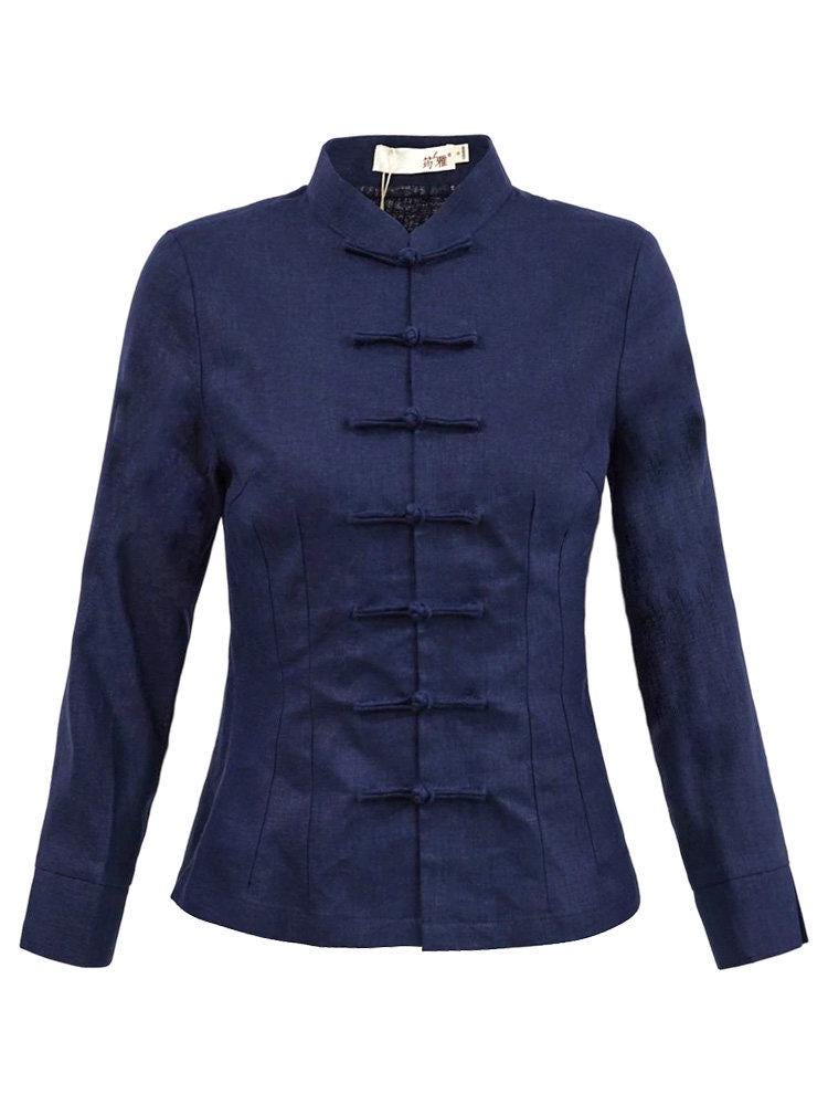 Navy Linen-Cotton Frog Button Tang Top: Long Sleeve Traditional Chinese Blouse
