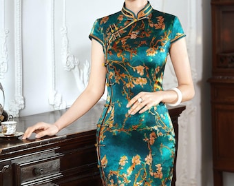 Mulberry Silk Short-sleeved Cheongsam Qipao Traditional Dress Evening Gown 60s Cocktail Dress