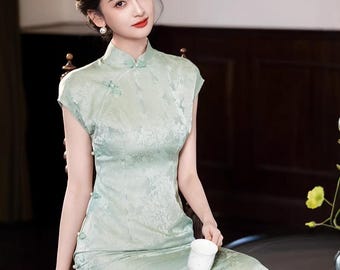 Vestido cheongsam de seda verde menta: Qipao moderno, vestido de cóctel largo