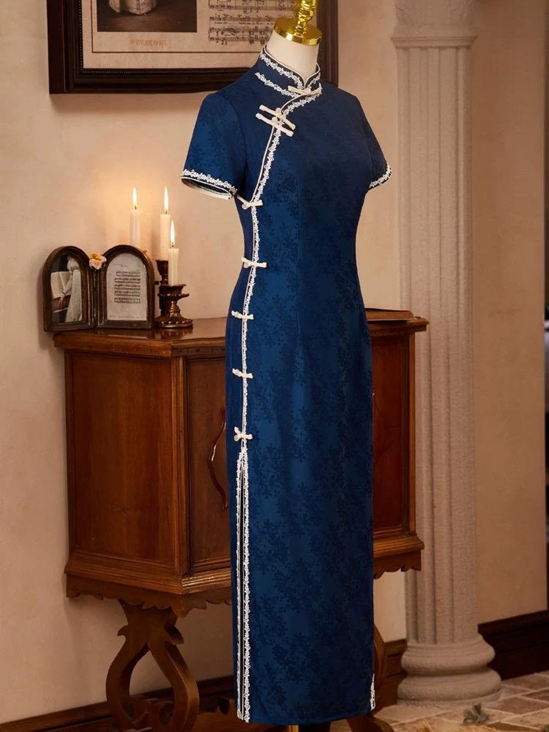 Blue Cheongsam With White Forge Buttons, Summer Chinese