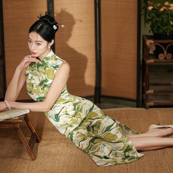 Robe Orientale Robe Sans Manche Ete Cheongsam Vert Sans Manches