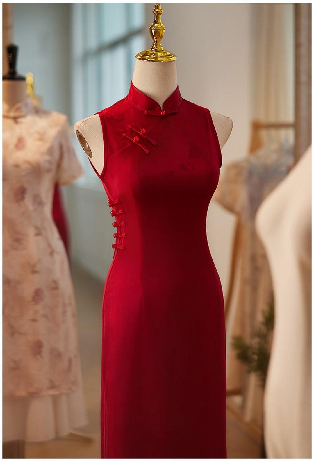 Wine Red/ Black Sleeveless Cheongsam, Summer Chinese Qipao