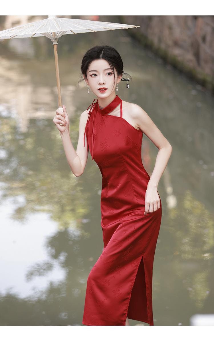 thumbnail image 2 of Brocade Puff Sleeve Button Mini Qipao | Red Pink 2 of 9