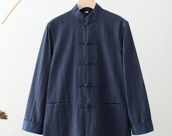 Herren Leinenmischung Tang Anzug Jacke: Stehkragen chinesischer Mantel