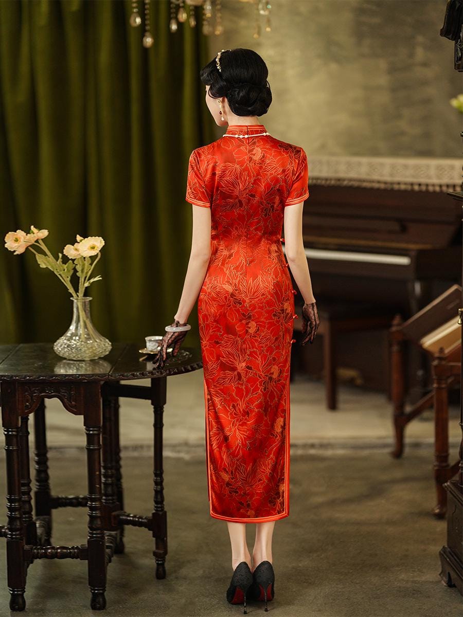 red silk chinese dress Traditional Chinese Women's Silk Satin Long Dress Cheongsam Qipao S-6XL RED
