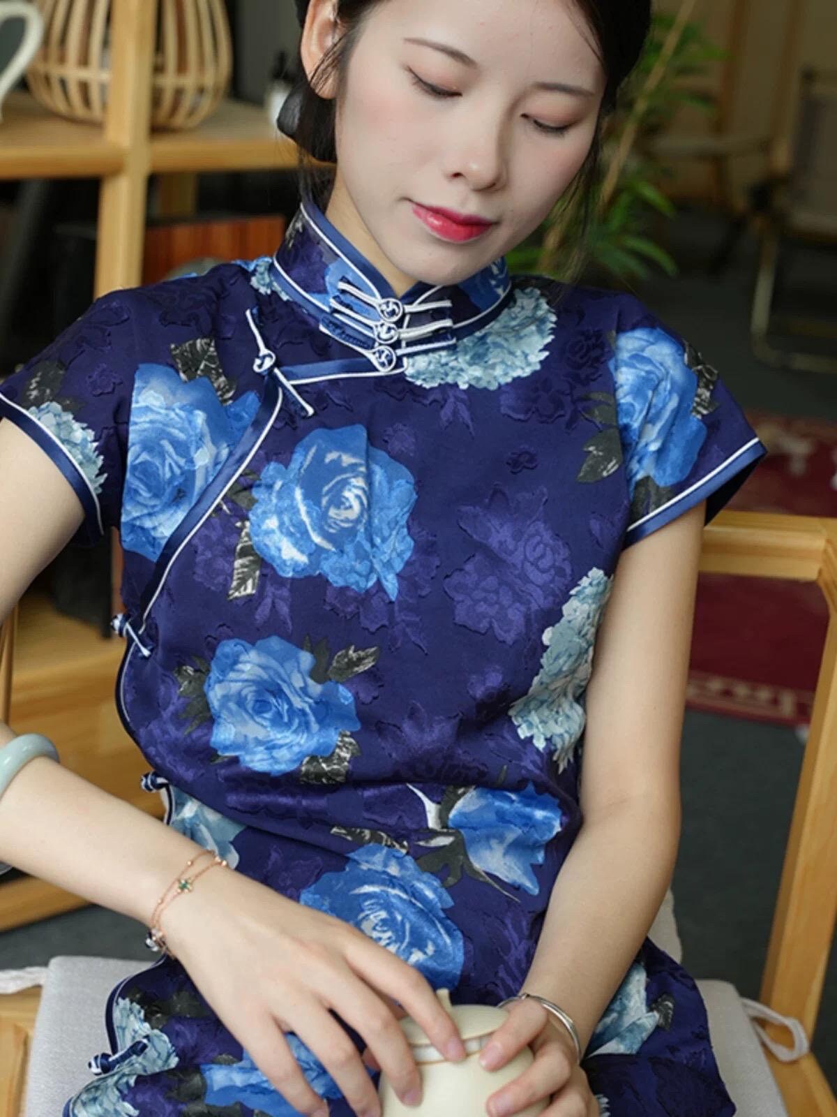 blue traditional chinese dress Whispering Bamboo Modern Blue Hanfu Dress Skirt / S